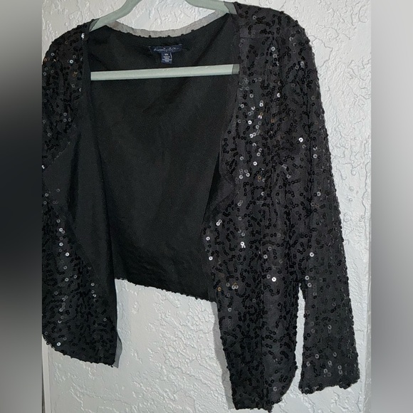American Eagle Outfitters Black Open Front Cropped Sequined Jacket - Picture 2 of 7